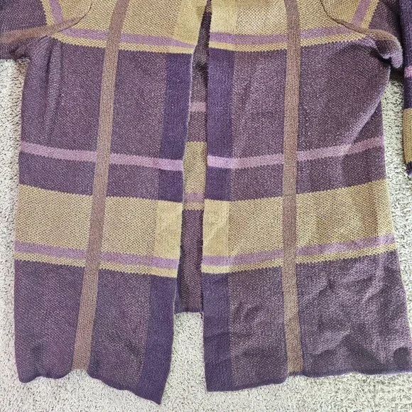 CJ Banks Long Open Front Cardigan Sweater Womens 2X Plaid Purple Tan Knit - Picture 9 of 14